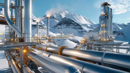 Futuristic Industrial Complex in Snowy Mountainous Region