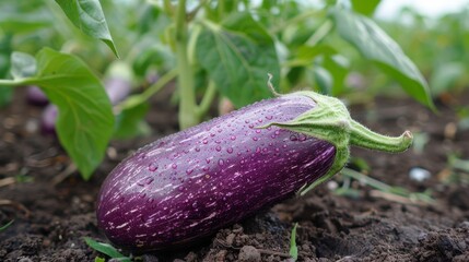 Obraz premium Close-up photograph of a fresh purple eggplant with water droplets on the surface, growing in a garden with green leaves and soil visible
