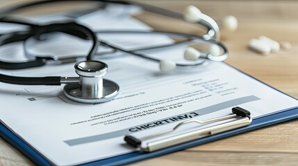 A close-up of a stethoscope and a health insurance document on a desk