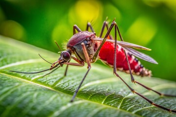 Fototapeta premium Macro shot of a red, swollen mosquito bite on skin with a nearby mosquito perched on a leaf, highlighting the perpetrators proximity to its handiwork.