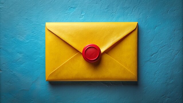 Yellow envelope with white letter and red seal on blue background with subtle texture and slight shadow effect.