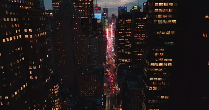 View from above on the famous 7th avenue leading to iconic Times Square with busy traffic