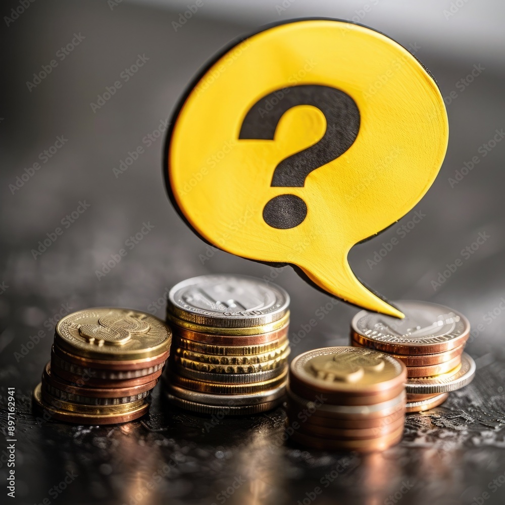 Aufkleber A close-up of a yellow speech bubble with a question mark resting on top of coin stacks. 