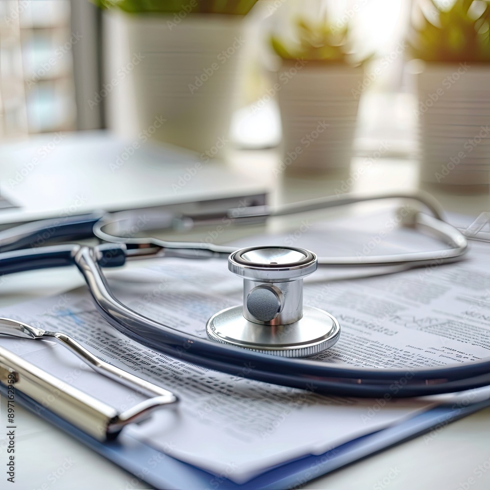 Poster a close-up of a stethoscope and a health insurance document on a desk.