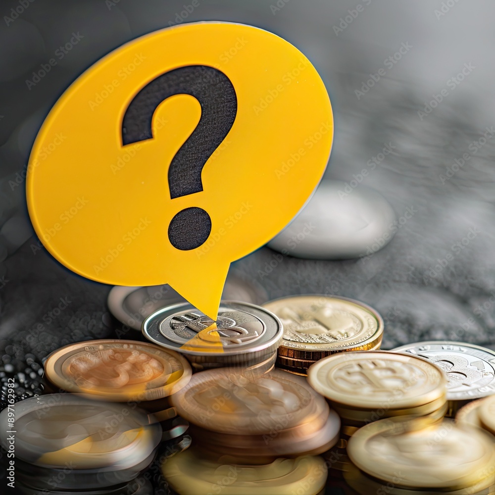 Aufkleber A close-up of a yellow speech bubble with a question mark resting on top of coin stacks.