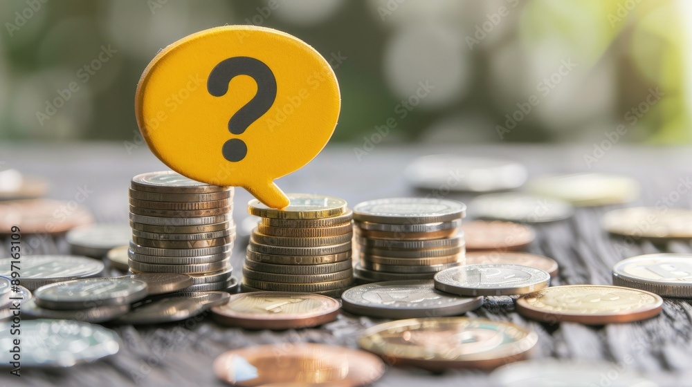 Poster A close-up of a yellow speech bubble with a question mark resting on top of coin stacks. 