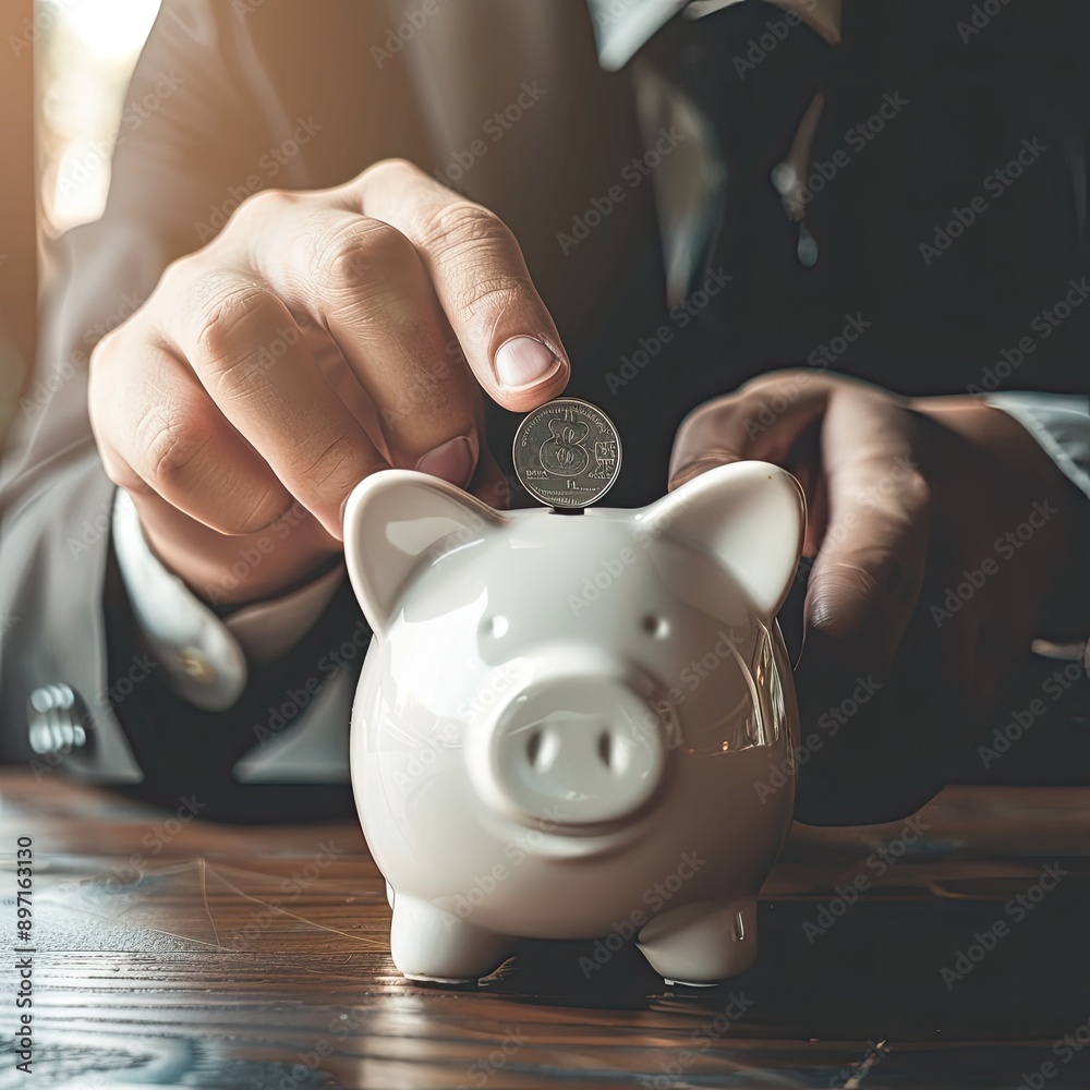 Poster a close-up of a young businessman's hands inserting a coin into a piggy bank, showcasing a commitmen