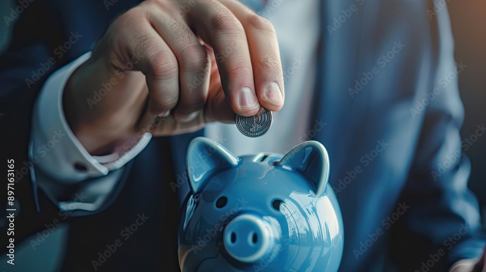Poster a close-up of a young businessman's hands inserting a coin into a piggy bank, showcasing a commitmen