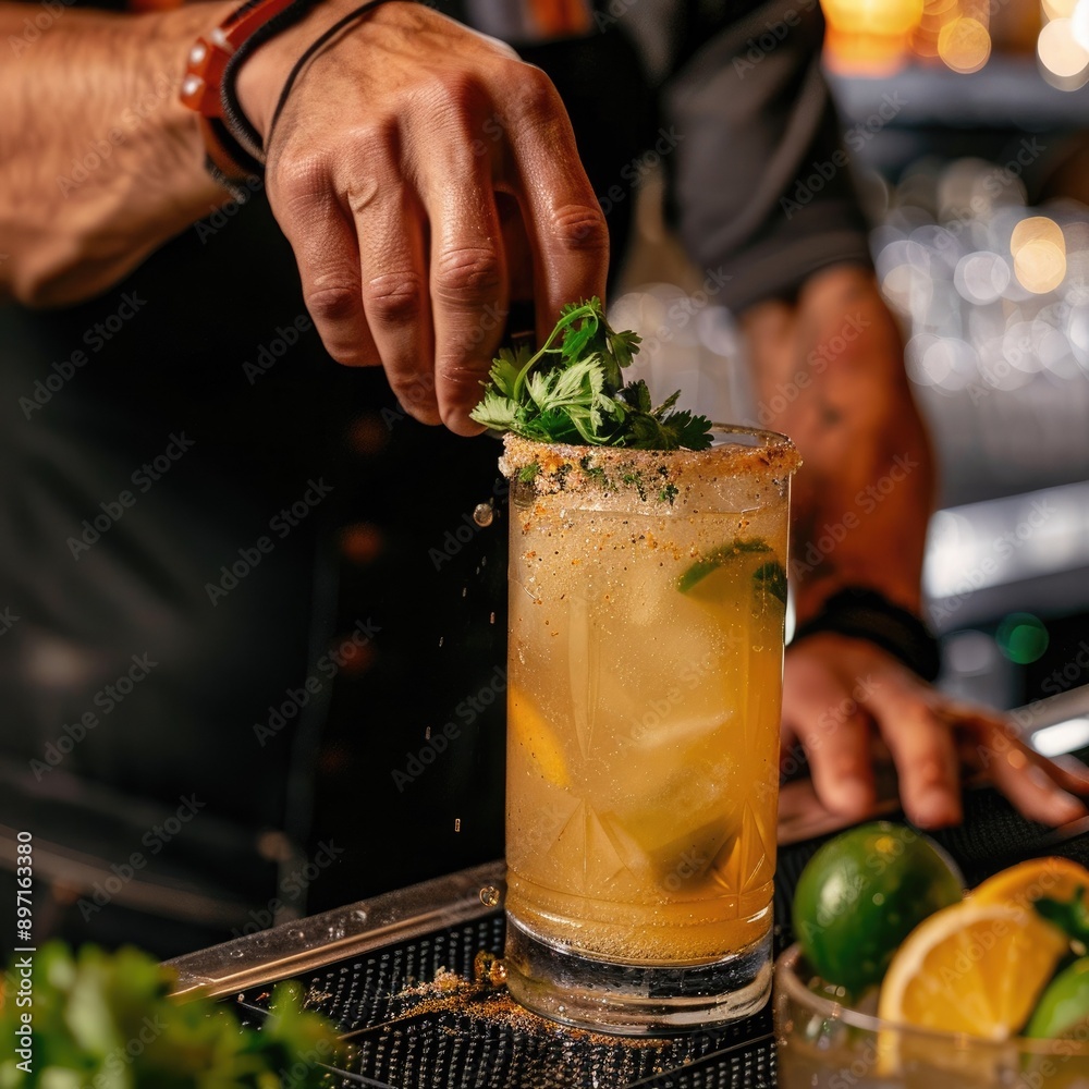 Poster A bartender adding a garnish to a freshly mixed drink on the counter. 