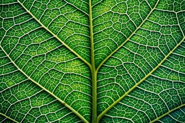 Obraz premium Vibrant green leaf with intricate network of veins, showcasing delicate branching patterns, subtle color gradations, and microscopic details in high-definition clarity.
