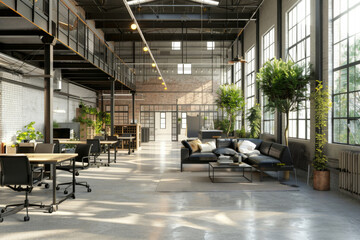 Business, office and empty with furniture, comfort and minimal for workspace of room, table and startup. Warehouse, industrial and architecture of property, plants and modern interior design in loft