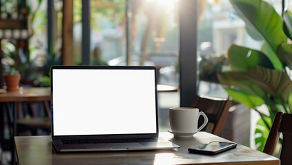 Laptop with Blank Screen on a Table in a Bright Cafe Setting, Representing Remote Work and Digital Nomad Lifestyle
