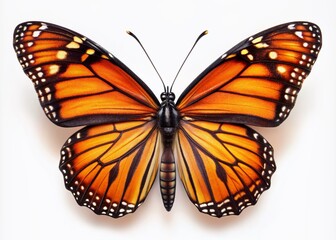 Fototapeta premium Vibrant orange and black monarch butterfly with delicate veins and intricate patterns, spreads its majestic wings, symbolizing freedom and summer's warmth, on a pure white background.