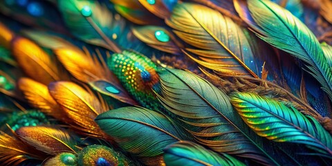 Obraz premium Vibrant close-up of iridescent bird feathers in shimmering shades of emerald green, sapphire blue, and amber, showcasing intricate patterns and textures in stunning detail.