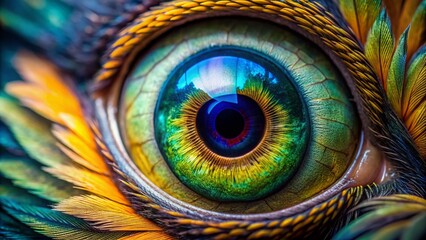 Obraz premium Vibrant close-up macro photo of a bird's eye, showcasing intricate details of feathers, iris, and pupil in stunning clarity, set against a soft, blurred background.