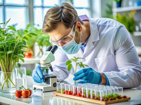 Detailed image of a lab technician using genetic modification techniques on plant cells.