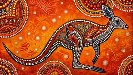 Obraz premium Vibrant colorful Australian-inspired Aboriginal art depiction of a majestic kangaroo set against a striking red-orange ochre backdrop.