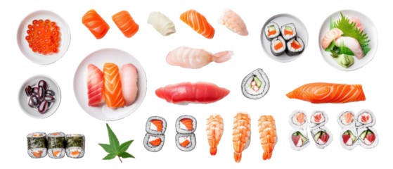 Set of isolated sushi rolls and sashimi platters, themed designs. Top view high quality PNG." design elements, top view / flat lay.