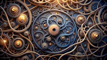 A labyrinthine maze of gears, cogs, and twisted neuron-like tendrils represents the intricate, complex workings of the human mind.