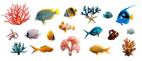 Set of isolated Set of isolated, colorful tropical fish and coral reefs, themed designs. Top view high quality PNG." design elements, top view / flat lay.