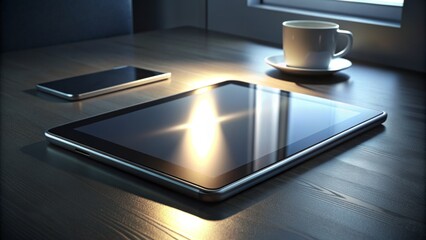 Sleek silver tablet device with glowing screen illuminates dark surroundings, casting subtle shadows on modern minimalist workspace background.
