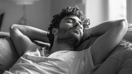 A person reclining on a sofa with eyes shut, possibly resting or sleeping