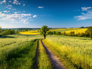 Fototapeta premium field with green farms and blue sky