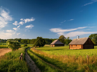 field with green farms and blue sky