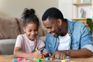 Obraz premium Engaging Homeschool Vocabulary Lesson: Parent and Child Practice Spelling Words Together