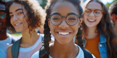 Fototapeta premium A group of young women standing together, smiling and looking directly at the camera