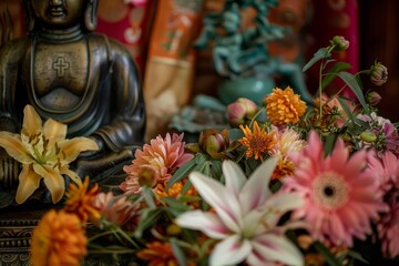 Fototapeta premium Bronze buddha statue surrounded by a vibrant arrangement of lilies, daisies, and dahlias, creating a serene and spiritual atmosphere