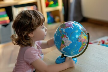 Young Child Engaging in Homeschool Map Exploration with Globe - Education and Geography Learning Concept