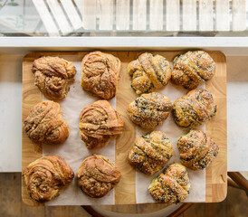 Delicious pastries on a bakery table. Freshly baked pastries. Top view