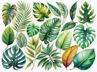 Vibrant watercolor illustration of modern tropical leaves in various shapes and sizes on a transparent background, showcasing elegant and intricate botanical details.