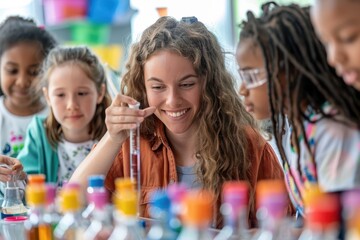 Engaging Hands-On Science Experiment: Teacher Guiding Students in Interactive School Education