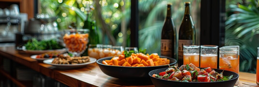 A vibrant, inviting breakfast table set with an array of fresh fruits, juices, and snacks positioned against a backdrop of lush greenery near a large window