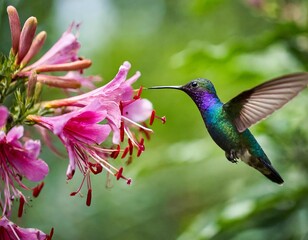Fototapeta premium Hummingbird Violet Sabrewing flying next to beautiful pink flower
