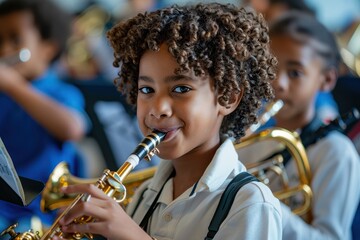 Young Musicians in School Band: Kids Practicing Music Instruments Together