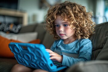Young Child Engaged in Coding Lessons on Tablet for Homeschool Technology Education