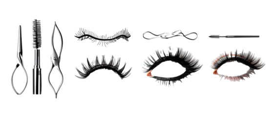 Set of isolated eyelash curlers and false lashes. cut elements, themed designs. Top view high quality PNG." design elements, top view / flat lay.	

