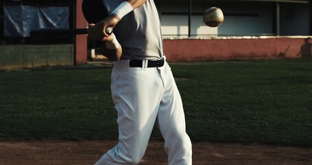 Super slow motion close up of baseball player batter hitting baseball ball with bat during competition game match on baseball stadium at 1000 fps. - Powered by Adobe