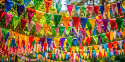 Fototapeta premium Vibrant multicolored garlands and buntings adorned with ribbons, flags, and bows create a festive atmosphere for parties, holidays, and celebrations, adding a pop of color and joy.