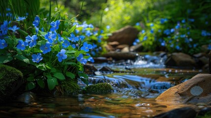Naklejka premium Blue flowers and a creek with sandstones