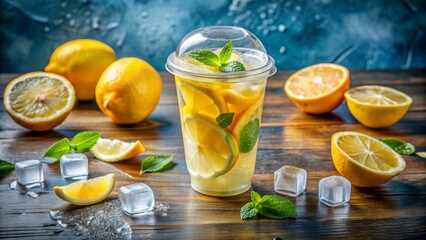 Freshly prepared cold beverage with bright yellow citrus slices and clear ice cubes in a transparent disposable container.