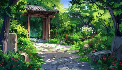 A peaceful garden with a stone path leading to a wooden gate anime style