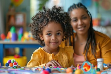 Fototapeta premium Creative Homeschool Fun: Parent and Child Engaged in Arts and Crafts Session