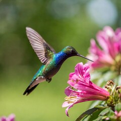 Fototapeta premium Hummingbird Violet Sabrewing flying next to beautiful pink flower