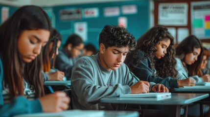 Fototapeta premium A group of students are sitting at their desks in a classroom