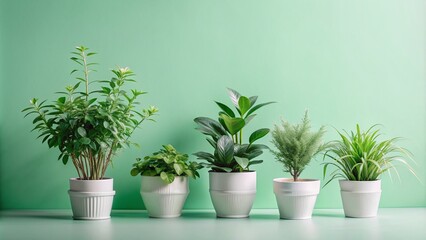 Fototapeta premium Delicate elegant plants with lush green leaves and subtle blooms adorn white pots against a soft pastel mint green backdrop, ample space left for text overlay.