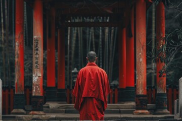 Naklejka premium Back view of a buddhist monk wearing a red robe standing in front of a temple gate in japan